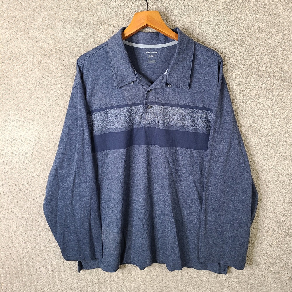 Van Heusen Shirt Mens 2XLT‎ Blue Striped Polo Long Sleeve Cotton Blend Casual